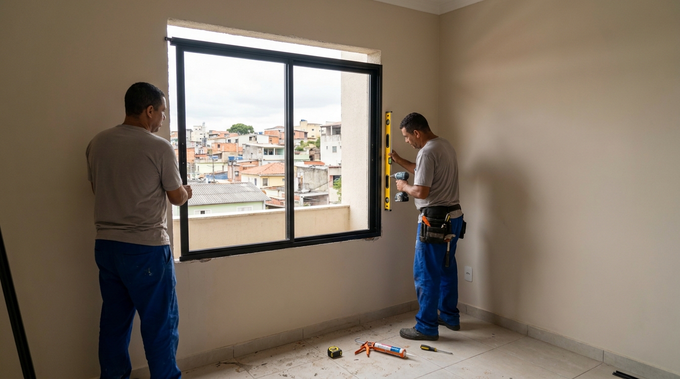 Esquadria de alumínio em quarto bege em Nova Iguaçu-RJ