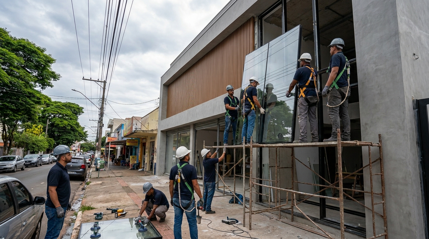 Fachada de vidro com andaime lateral em Nova Iguaçu-RJ