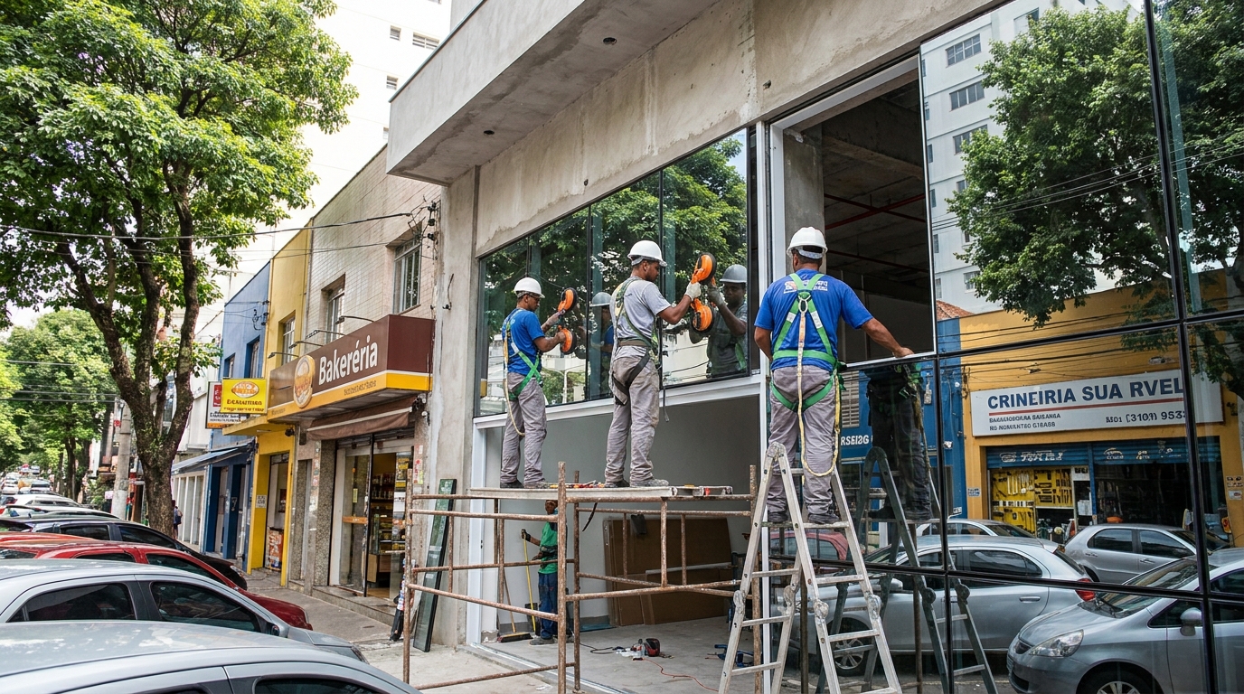 Fachada de vidro com confeitaria vizinha em Nova Iguaçu-RJ