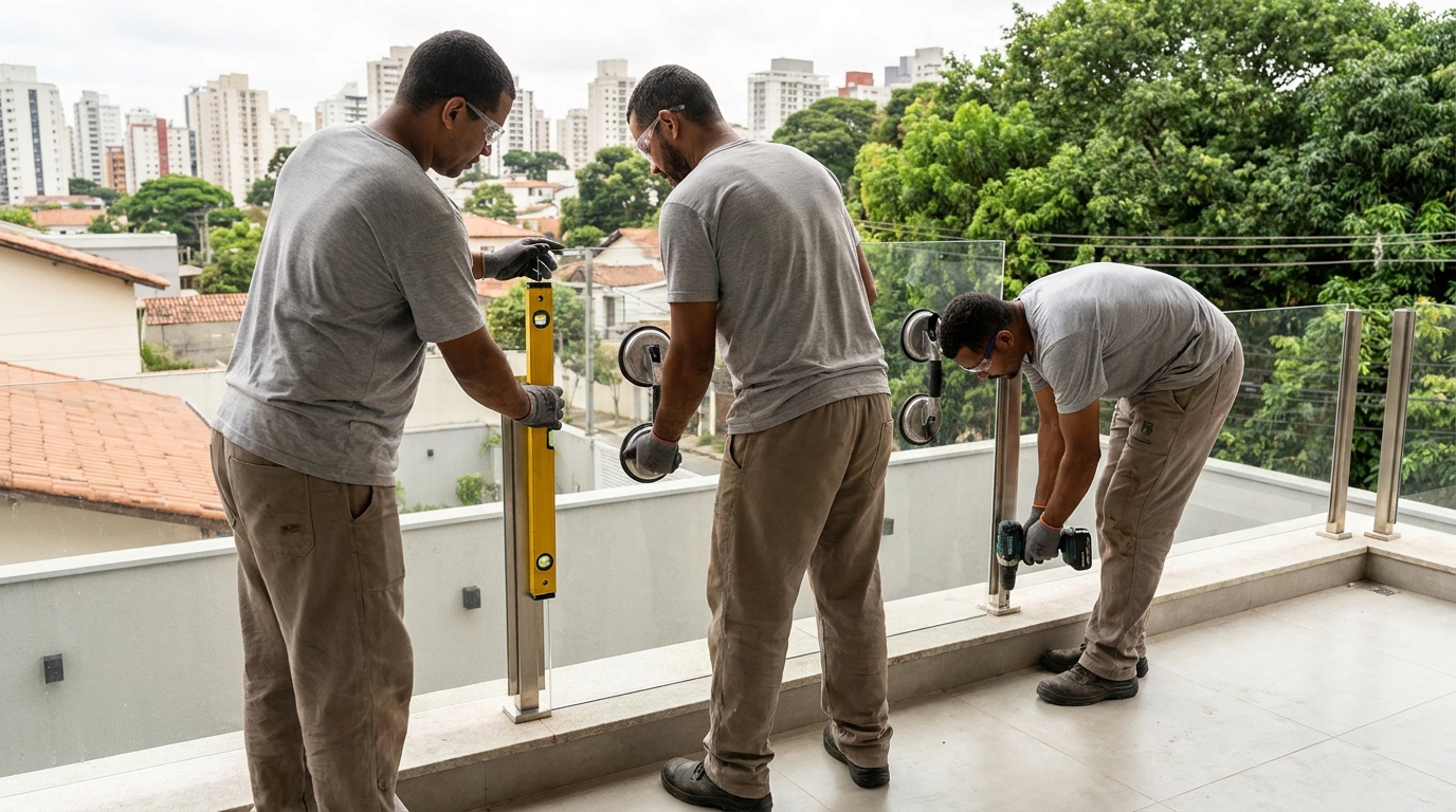 Guarda-corpo em terraço alto com vista cidade em Nova Iguaçu-RJ