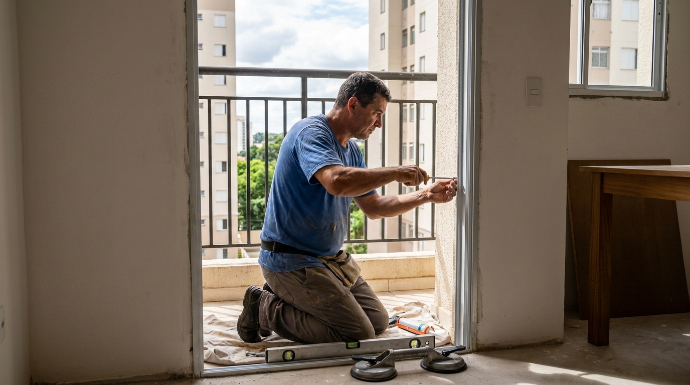 Janela de vidro em apartamento alto em Nova Iguaçu-RJ