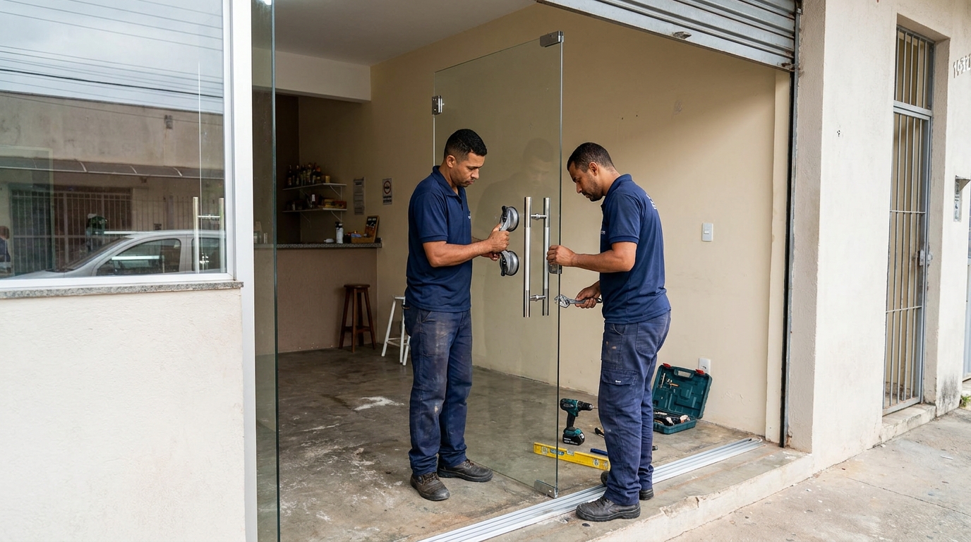 Dupla instalando porta de vidro em loja em Nova Iguaçu-RJ