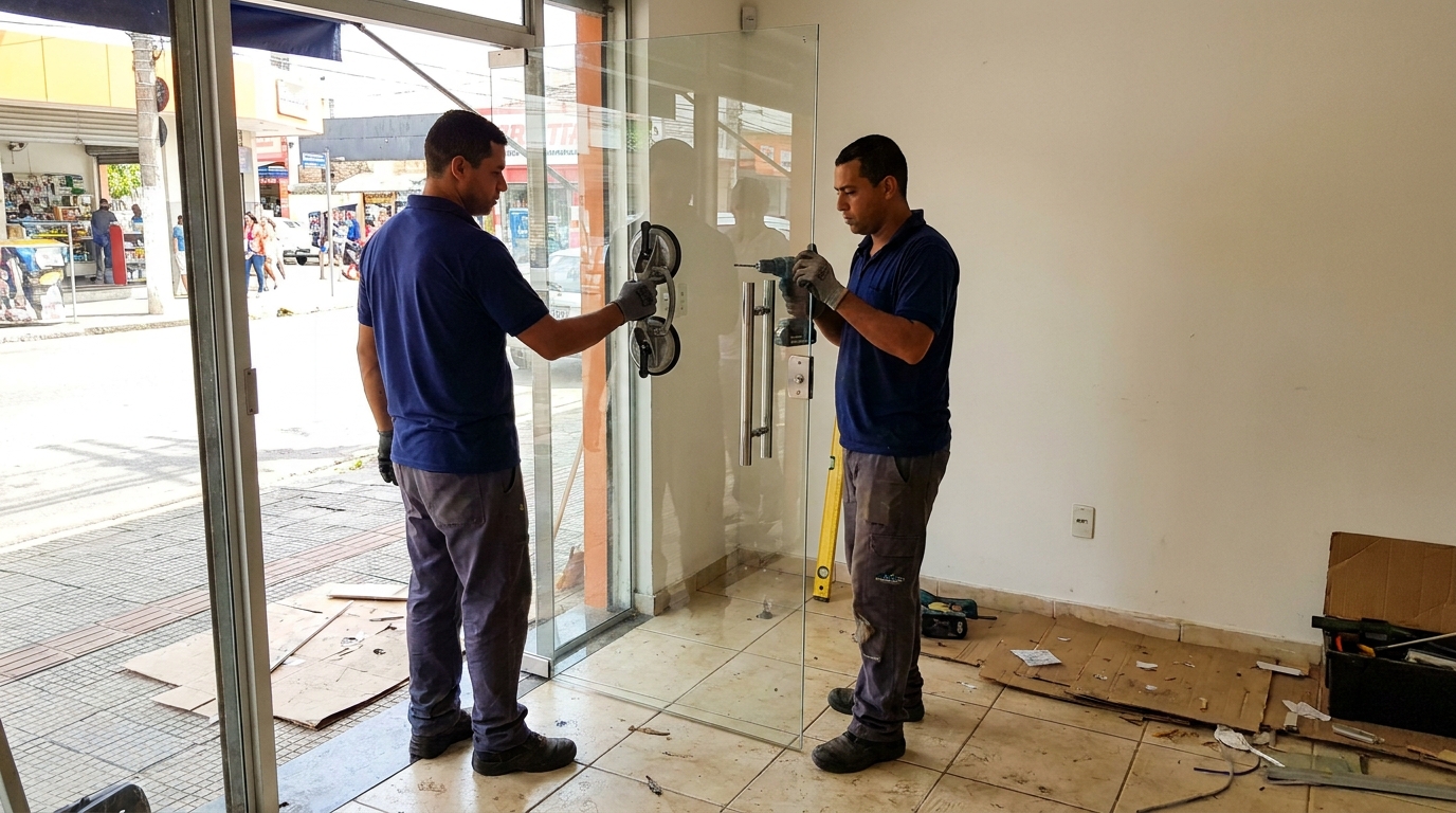 Porta de vidro de loja em rua movimentada em Nova Iguaçu-RJ